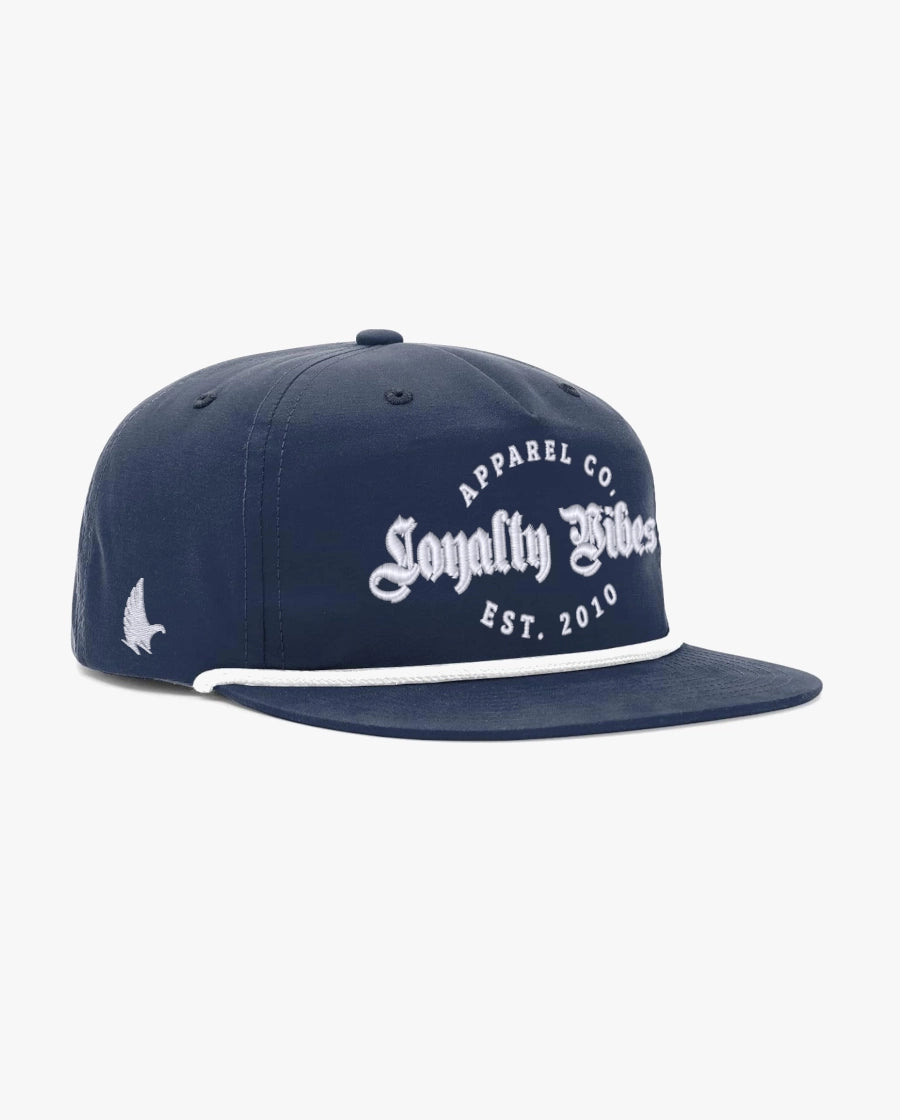 Loyalty Vibes Monarch Golfer Snapback Hat Navy Blue White