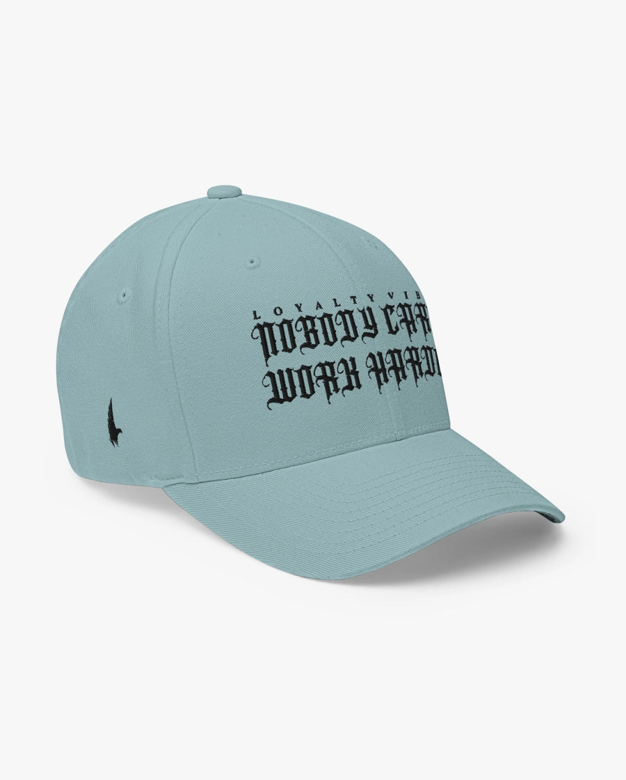 Loyalty Vibes Nobody Cares Work Harder Fitted Hat Baby Blue/Black