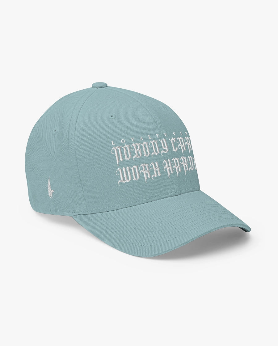 Loyalty Vibes Nobody Cares Work Harder Fitted Hat Baby Blue