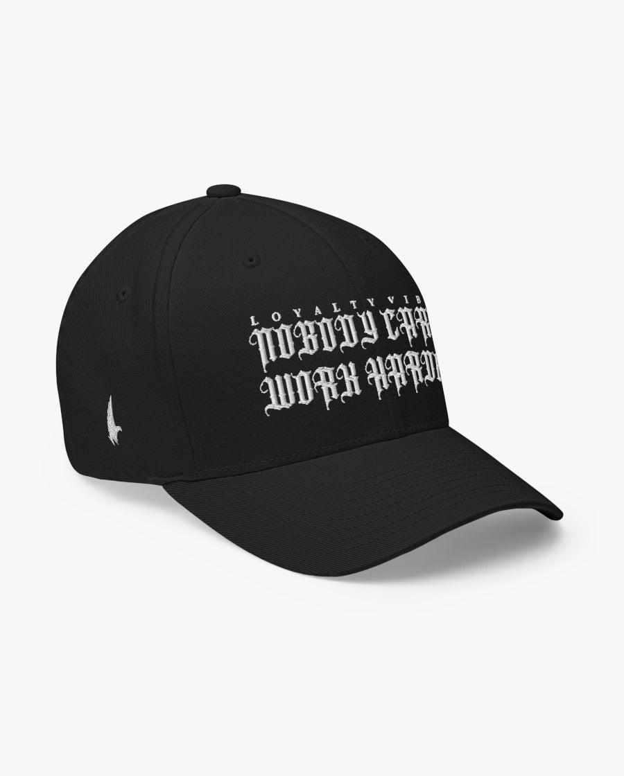 Loyalty Vibes Nobody Cares Work Harder Fitted Hat Black