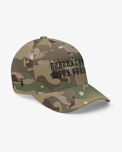 Loyalty Vibes Nobody Cares Work Harder Fitted Hat Camo/Black