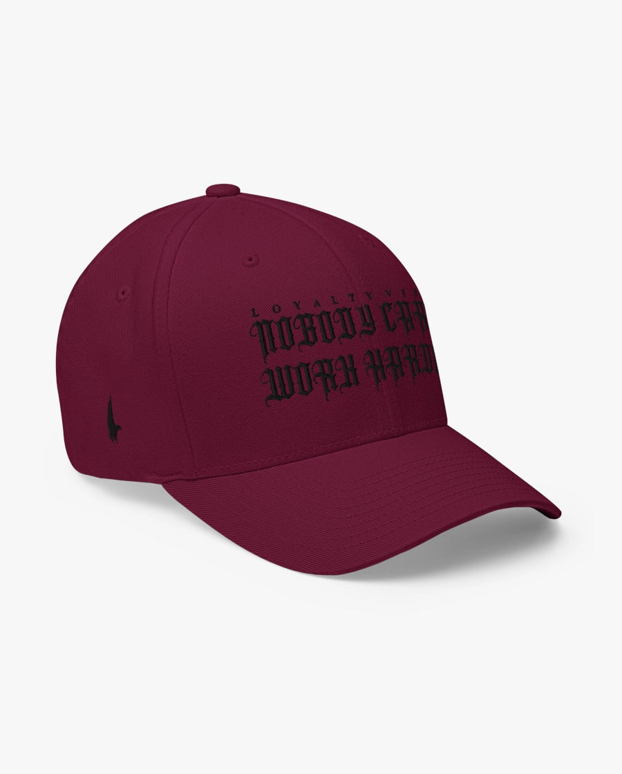Loyalty Vibes Nobody Cares Work Harder Fitted Hat Maroon/Black