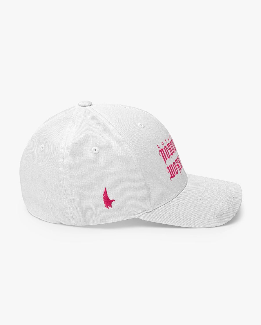 Loyalty Vibes Nobody Cares Work Harder Fitted Hat White/Pink Right