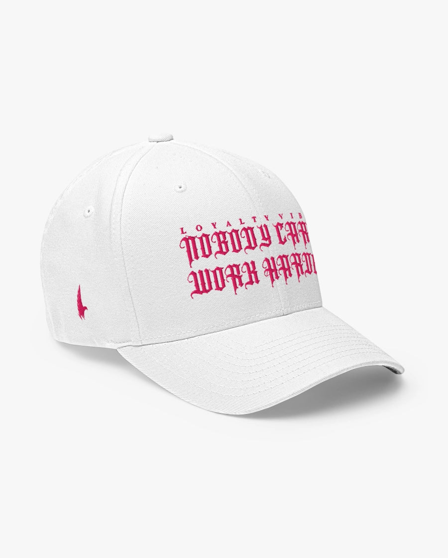 Loyalty Vibes Nobody Cares Work Harder Fitted Hat White/Pink