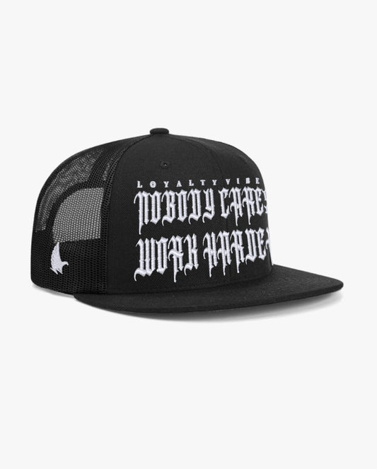 Loyalty Vibes Loyalty Vibes Nobody Cares Work Harder Flat Brim Trucker Hat Black Adjustable