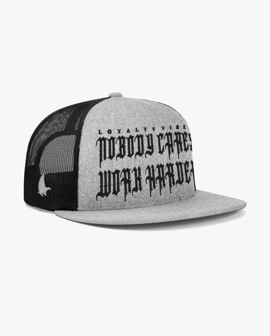 Loyalty Vibes Loyalty Vibes Nobody Cares Work Harder Flat Brim Trucker Hat Heather Grey Black Adjustable