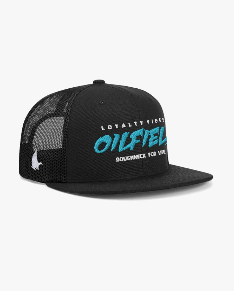 Loyalty Vibes Oilfield Roughneck Flat Brim Trucker Hat Black Baby Blue Adjustable