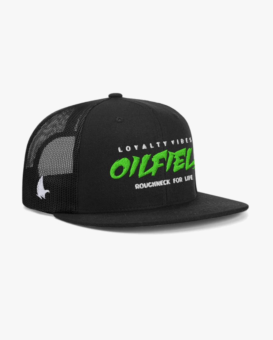 Loyalty Vibes Oilfield Roughneck Flat Brim Trucker Hat Black Green Adjustable