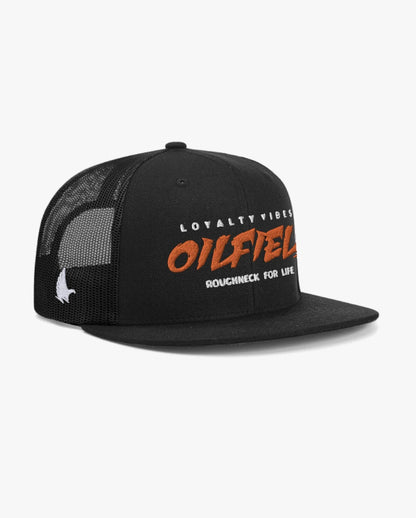 Loyalty Vibes Oilfield Roughneck Flat Brim Trucker Hat Black Orange Adjustable