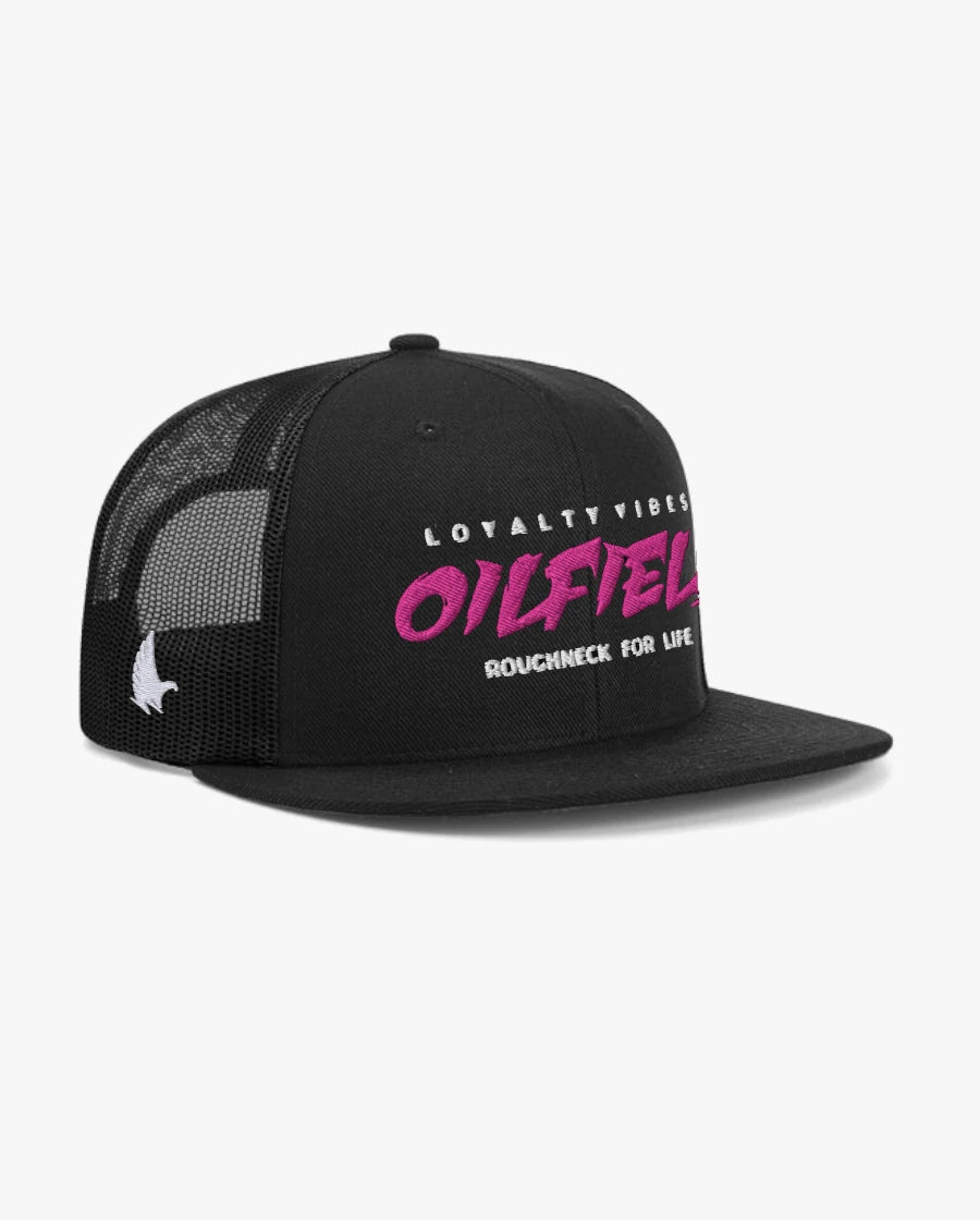 Loyalty Vibes Oilfield Roughneck Flat Brim Trucker Hat Black Pink Adjustable
