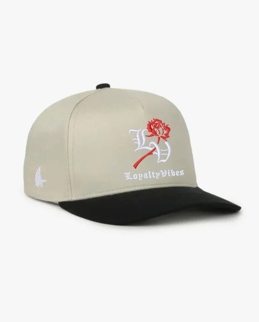 Loyalty Vibes Reverence A-Frame Snapback Hat Beige Black Red White Adjustable