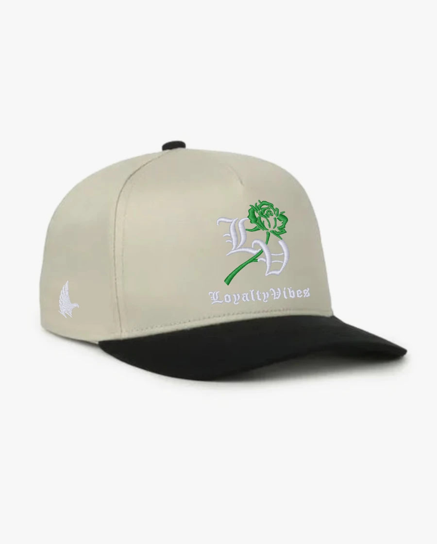 Loyalty Vibes Reverence A-Frame Snapback Hat Khaki Black Green White Adjustable