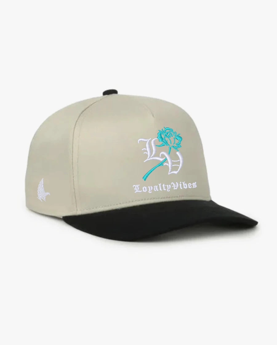 Loyalty Vibes Reverence A-Frame Snapback Hat Khaki Black Teal White Adjustable