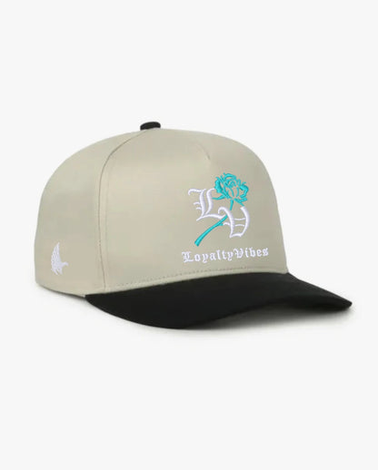 Loyalty Vibes Reverence A-Frame Snapback Hat Khaki Black Teal White Adjustable
