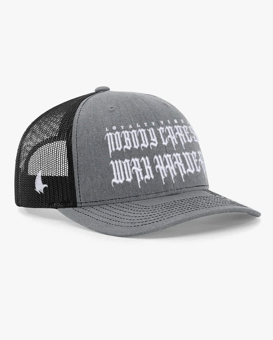 Nobody Cares Work Harder Trucker Hat Black / White / Heather Grey Loyalty Vibes