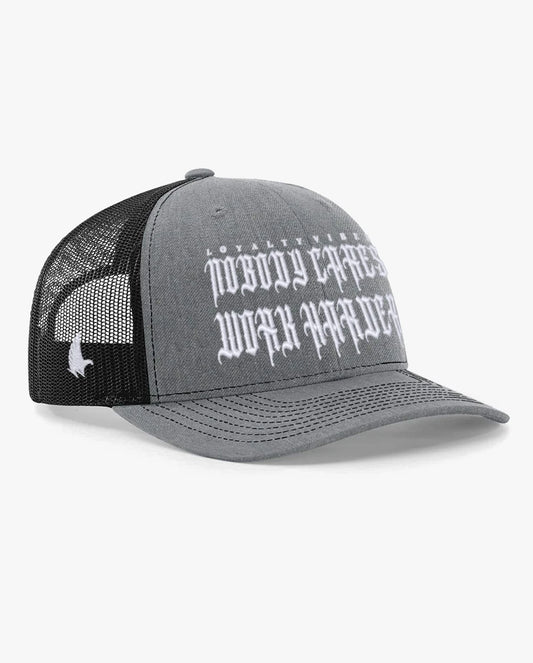 Nobody Cares Work Harder Trucker Hat Black / White / Heather Grey Loyalty Vibes