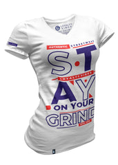 Women's Stay On Your Grind V-Neck Tee White Navy Blue Red - Loyalty Vibes
