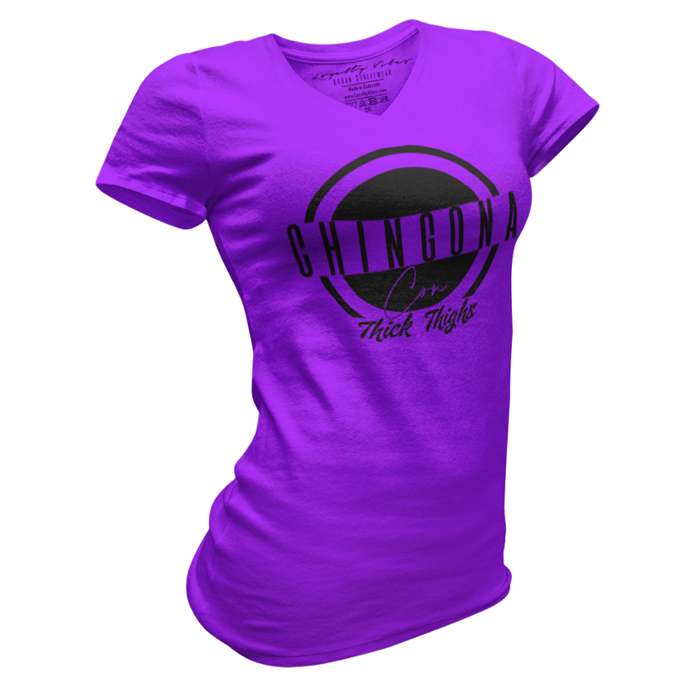 Loyalty Vibes Chingona Con Thick Thighs Tee Purple Women's - Loyalty Vibes