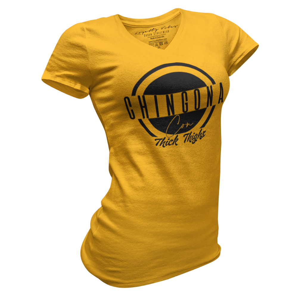 Loyalty Vibes Chingona Con Thick Thighs Tee Gold Women's - Loyalty Vibes