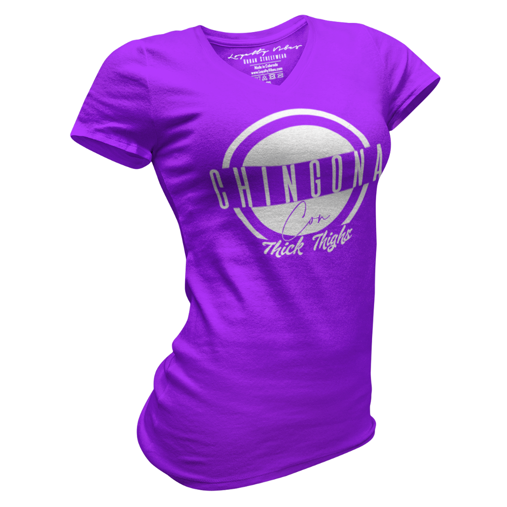 Loyalty Vibes Chingona Con Thick Thighs Tee Purple White Women's - Loyalty Vibes