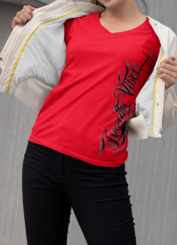 Women's Street Style Magnitude Logo V-Neck Tee Red - Loyalty Vibes